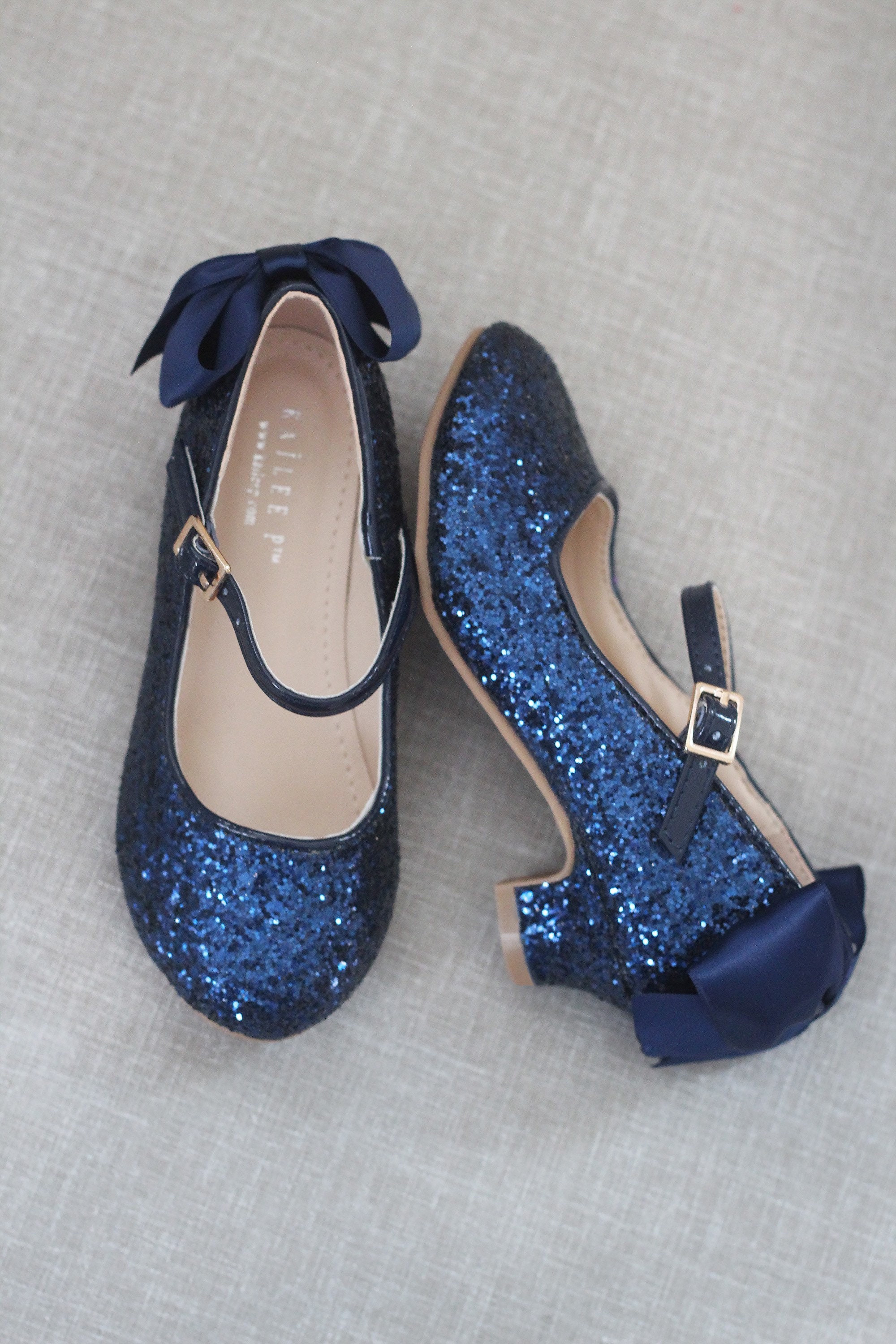 Midnight Blue Rock Glitter Mary Jane Heel With Satin Bow Flower