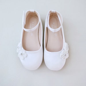 White Satin Flats with Pearls Chassia Flowers for Flower Girls, Birthday Shoes, Communion Shoes, Baptism Shoes. Girls Flats