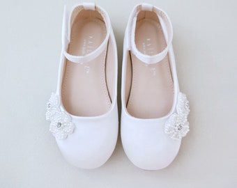 White Satin Flats with Pearls Chassia Flowers for Flower Girls, Birthday Shoes, Communion Shoes, Baptism Shoes. Girls Flats