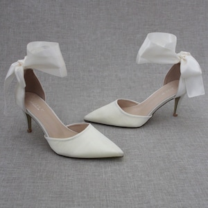 Ivory Satin Pointy Toe Heels with WRAPPED SATIN TIE, Wedding Shoes, Bridesmaids Shoes, Evening Shoes, Holiday Shoes