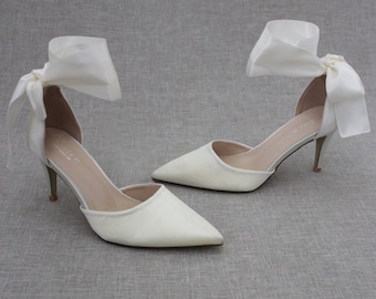 Ivory Satin Pointy Toe Heels with WRAPPED SATIN TIE, Wedding Shoes, Bridesmaids Shoes, Evening Shoes, Holiday Shoes