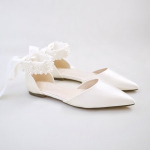 White & Ivory Satin Pointy Toe Wedding Flats with Perla Ankle Strap, Women Wedding Shoes, Bridal Shoes, Bridal Flats, White Shoes IVORY