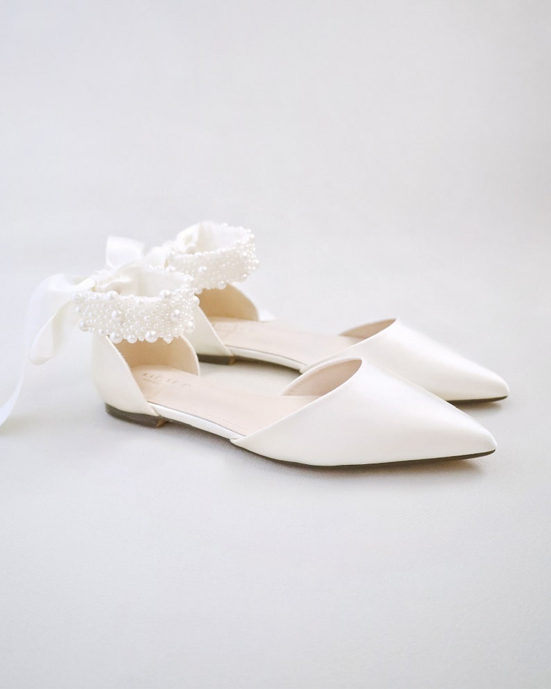 White & Ivory Satin Pointy Toe Wedding Flats with Perla Ankle Strap, Women Wedding Shoes, Bridal Shoes, Bridal Flats, White Shoes IVORY