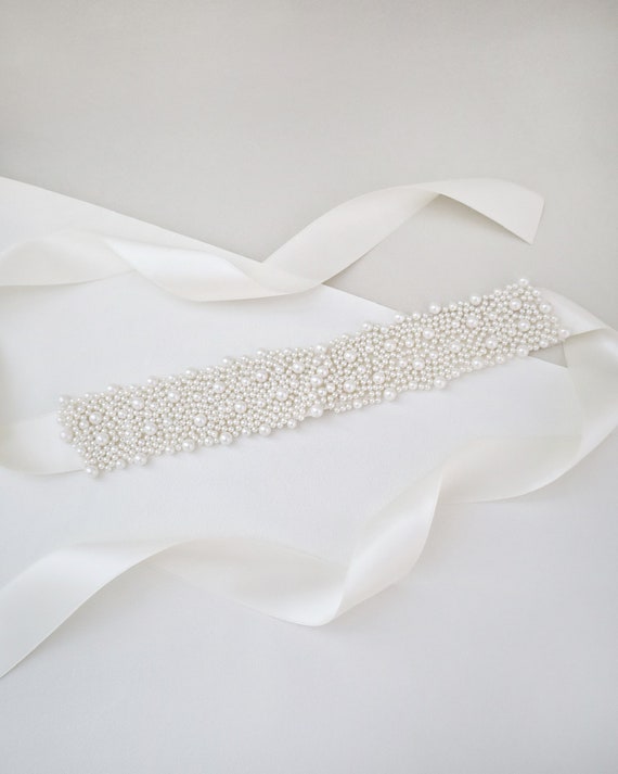 Blossom Veils & Accessories 
Classic Skinny Sash Belt Pearl and Rhinestone Crystal and pearl flower wedding belt -  main image 3
