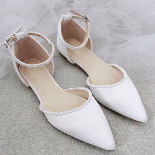 White Satin Pointy Toe Flats With Front Satin Bow Wedding - Etsy