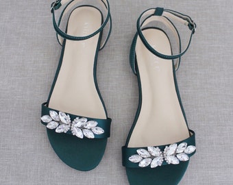 Hunter Green Satin Flat Sandal with Butterfly Brooch, Bridesmaid Shoes, Fall Wedding Sandals, Jr. Bridesmaids Shoes, Holiday Shoes