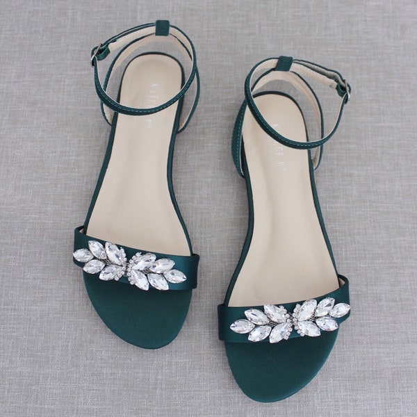 Hunter Green Satin Flat Sandal with Butterfly Brooch, Bridesmaid Shoes, Fall Wedding Sandals, Jr. Bridesmaids Shoes, Holiday Shoes