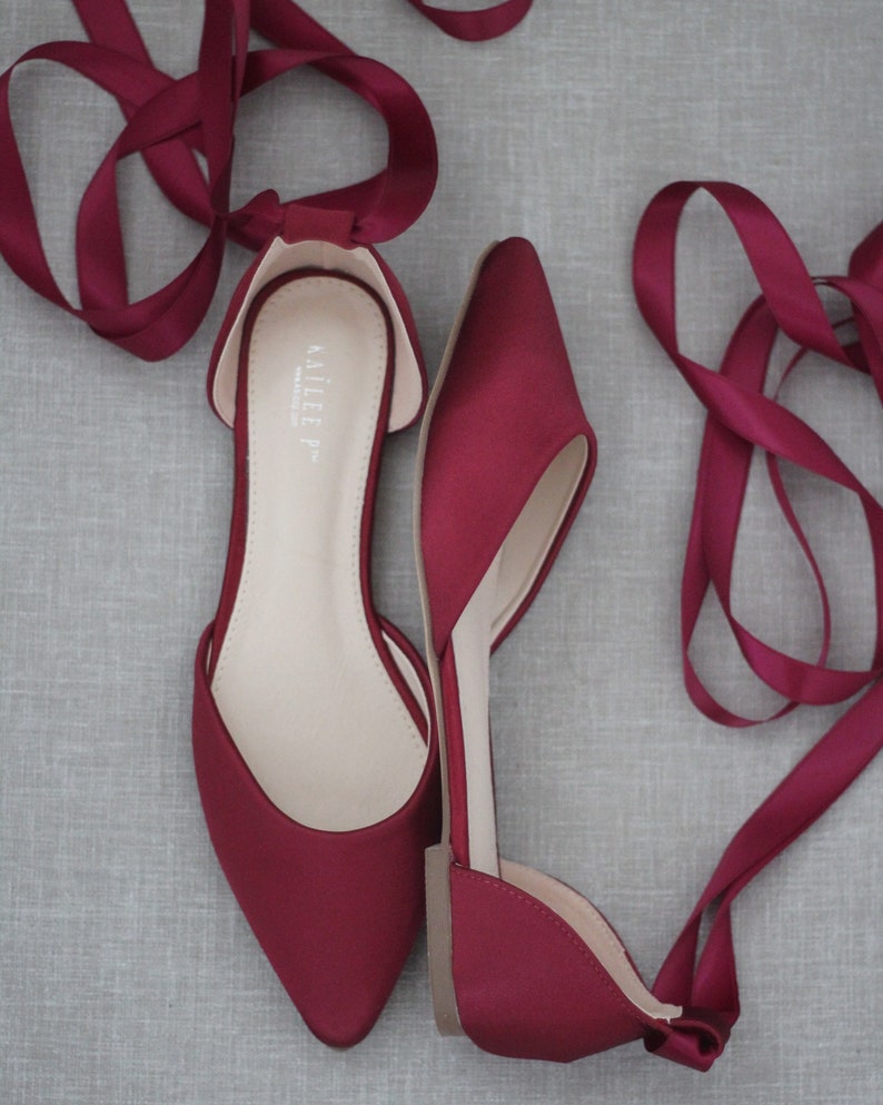 Burgundy Satin Pointy Toe Flats With Satin ANKLE TIE or - Etsy