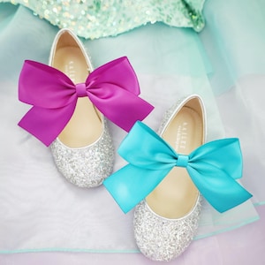 PRINCESS ARIEL SHOES - Silver Rock Glitter mary-jane with Teal Satin ribbon bow - Flower Girl Shoes, Halloween shoes, Little Mermaid Shoes