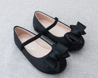 Black Satin Mary Jane with GROSGRAIN BOW for Fall Flower Girl Shoes, Girls Toddler Shoes, Black Shoes, Holiday Black Shoes