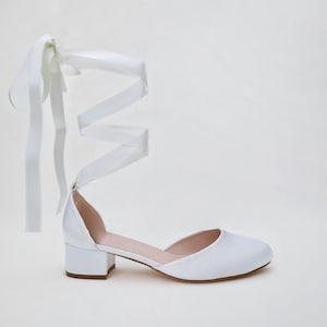 White Round Toe Satin Block Heel with Ballerina Lace Up, Women Wedding Shoes, Bridal Shoes, Bridal Heels, Wedding Heels