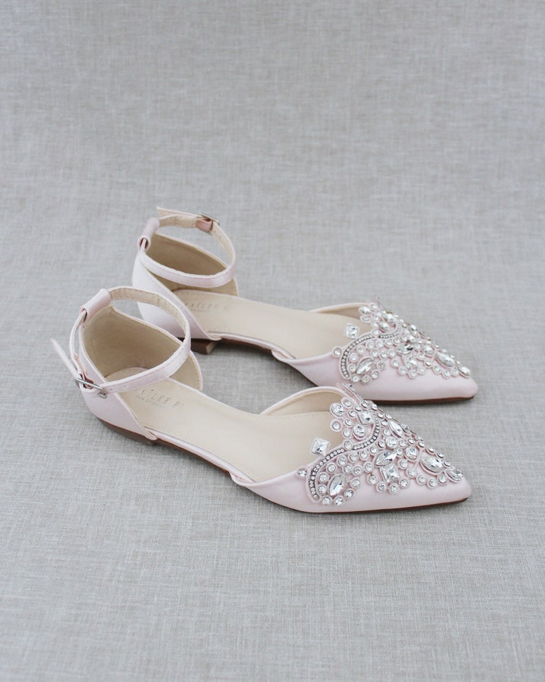 Dusty Pink Satin Pointy Toe Flats with Sparkly RHINESTONES APPLIQUE , Women Wedding Shoes, Bridal Shoes, Blush Pink Shoes, Bridesmaids Shoes 