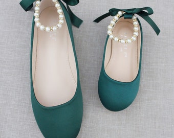 Hunter Green Satin Flats with Pearls Ankle Strap - Flower girls shoes, Fall Wedding Shoes, Bridesmaids Shoes, Holiday Shoes