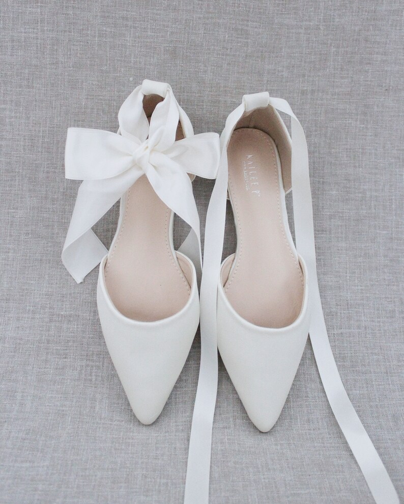 Ivory Satin Pointy Toe Flats with satin ANKLE TIE or BALLERINA Lace Up, Wedding Shoes, Bride Shoes, Bridesmaids Shoes, Ivory Bridal Flats 