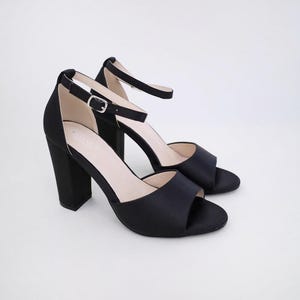 Black Satin Block Heel Evening Sandals with Wrapped Ribbon Tie - Women Party Shoes, Evening Shoes, Bridesmaids Heels REGULAR ANKLE STRAP