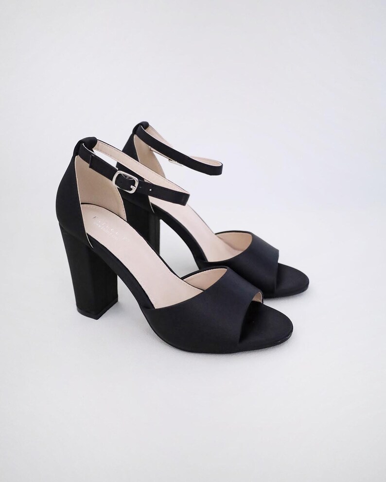 Black Satin Block Heel Evening Sandals with Wrapped Ribbon Tie - Women Party Shoes, Evening Shoes, Bridesmaids Heels REGULAR ANKLE STRAP