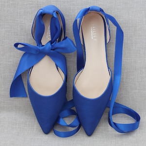 Royal Blue Satin Pointy Toe flats with Satin ANKLE TIE or BALLERINA Lace Up, Wedding Shoes, Bridesmaid Shoes, Holiday Flats, Something Blue