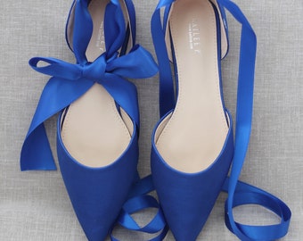 Royal Blue Satin Pointy Toe flats with Satin ANKLE TIE or BALLERINA Lace Up, Wedding Shoes, Bridesmaid Shoes, Holiday Flats, Something Blue