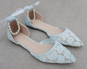 Light Blue Crochet Lace Pointy toe flats with Pearls Ankle Strap - Women Wedding Shoes, Bridesmaid Shoes, Blue Shoes, Something Blue