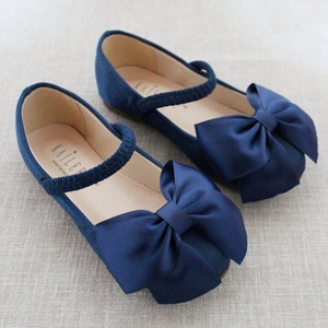 Navy Satin Mary Jane With FRONT SATIN BOW for Fall Flower Girls Shoes ...