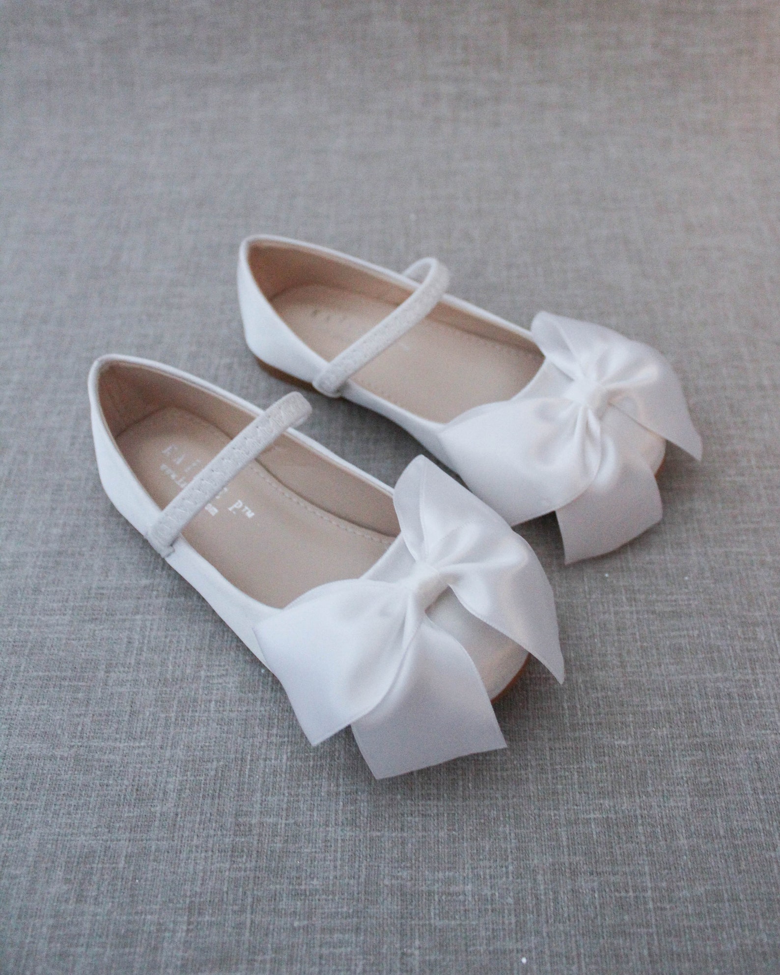 White Satin Mary Jane Flats With FRONT SATIN BOW - Flower Girls Shoes ...