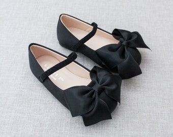 Black Satin Mary Jane with FRONT SATIN BOW - for Fall Flower Girls Shoes, Holiday Shoes, Birthday Shoes, Halloween Shoes