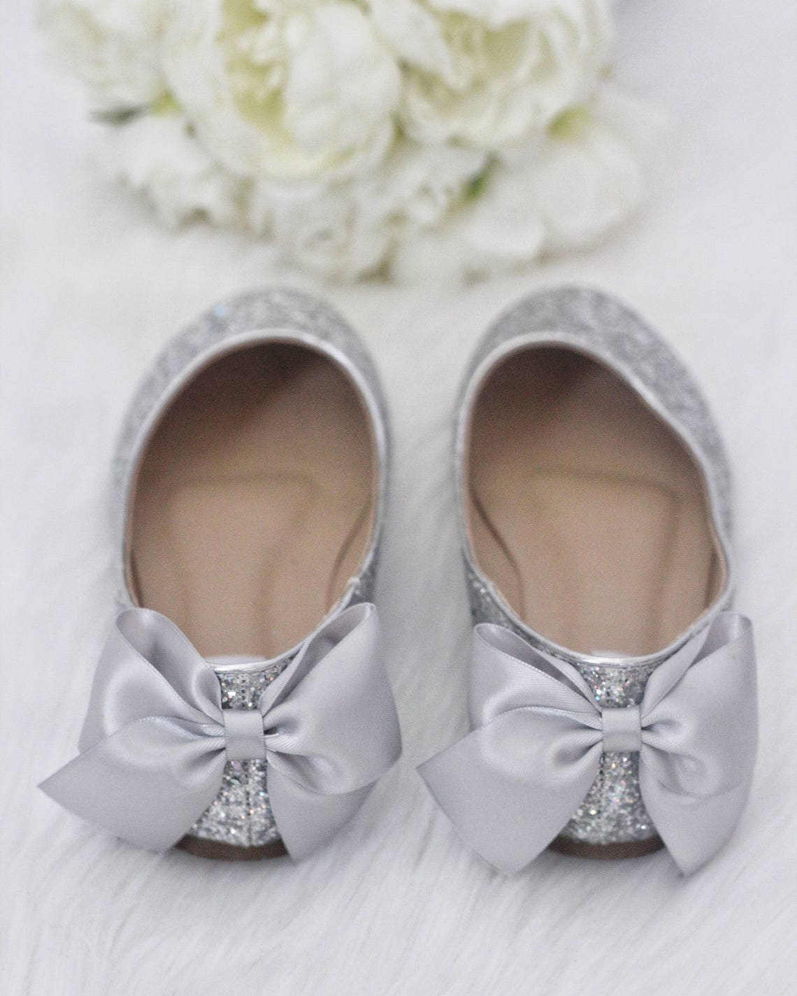 SILVER ROCK GLITTER Flats with Back Satin Bow Bridal Shoes | Etsy