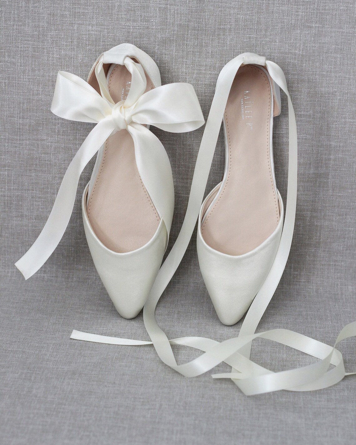 Ivory Satin Pointy Toe Flats with satin ANKLE TIE or BALLERINA | Etsy