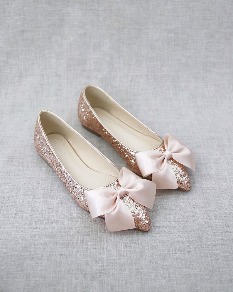 Rose Gold Rock Glitter Pointy Toe Flats with Oversized BLUSH SATIN BOW, Wedding Flats, Bridesmaid Shoes, Glitter Shoes, Holiday Shoes image 1