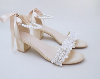 Buy Champagne Satin Block Heel Sandals With Perla Applique and All
