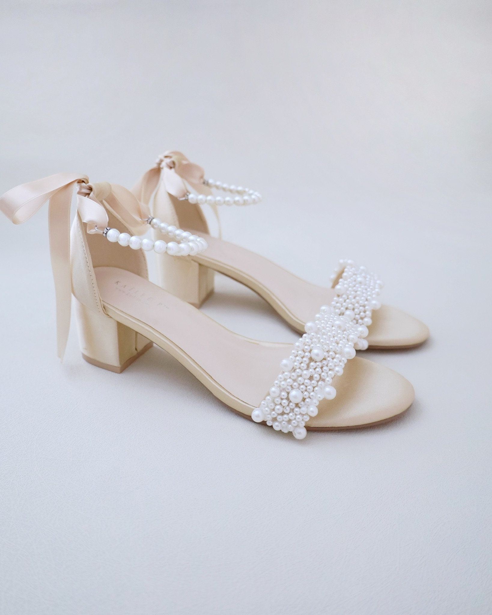 Champagne Satin Block Heel Sandals With Perla Applique and All Pearls Strap Flower Girls Shoes Jr.bridesmaid Shoes Wedding Shoes Etsy Australia