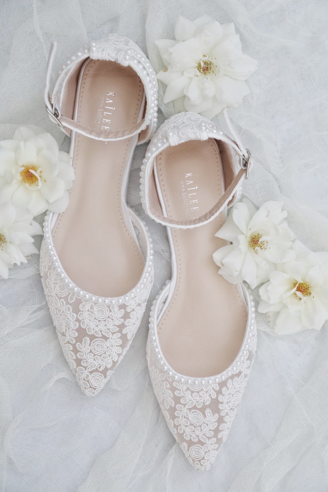 White Crochet Lace Pointy toe flats with MINI PEARLS Women image 1