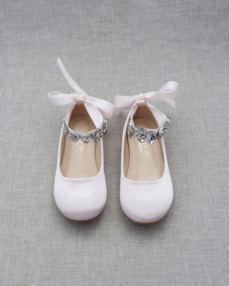 Women & Kids Shoes | Dusty Pink Satin Flats with NAVETTE CLUSTER RHINESTONES on Satin Ankle Strap,flower girls shoes, Bridesmaids Pink Shoes 