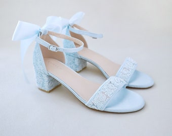 Light Blue Crochet Lace Block Heel Wedding Sandals with Satin Back Bow - Heel Sandals, Bridesmaids Shoes, Women Sandals, Bridal Shoes