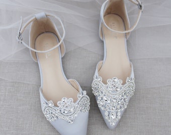 Silver Satin Pointy Toe Flats with Sparkly RHINESTONES APPLIQUE , Women Wedding Shoes, Bridal Shoes, Satin Wedding Shoes, Holiday Shoes
