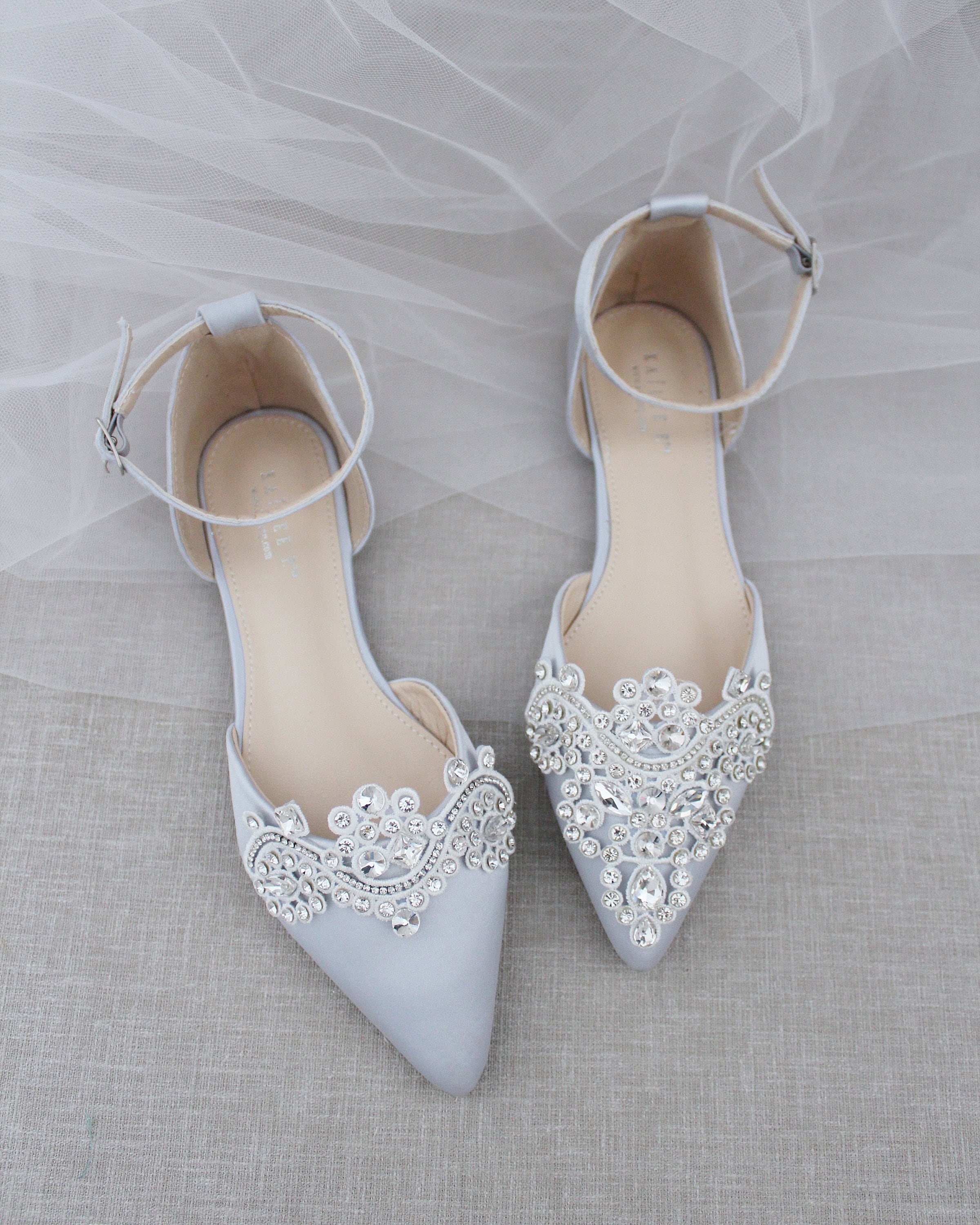 White Satin Pointy Toe Flats with Rhinestones Applique Embellishments - Wedding Shoes, Bridal Shoes, Bridesmaids Shoes US 6 / UK 4 / EU 36 / Oversized