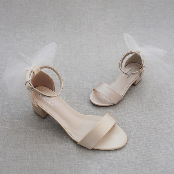 Champagne Satin Block Heel Sandal with TULLE BACK BOW, Women Sandals, Flower Girls Shoes, Jr.Bridesmaid Shoes, Fall Wedding Sandals