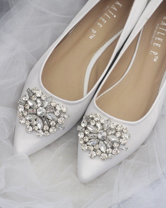 White Satin Pointy Toe Flats with 