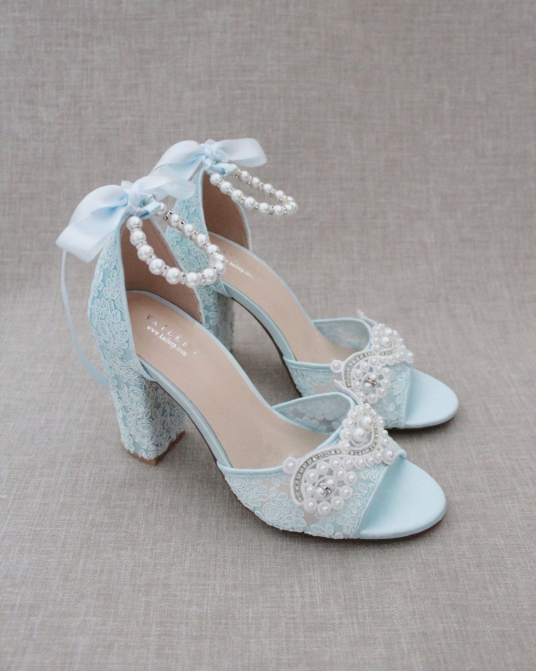 Light Blue Crochet Lace Block Heel Sandals With Small Pearl Applique ...