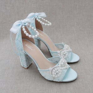 Light Blue Crochet Lace Block Heel Sandals with Small Pearl Applique, Women Wedding Shoes, Bridesmaids Shoes, Bridal Shoes, Something Blue