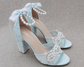 Light Blue Crochet Lace Block Heel Sandals with Small Pearl Applique, Women Wedding Shoes, Bridesmaids Shoes, Bridal Shoes, Something Blue