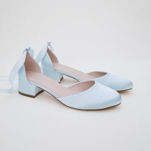 Light Blue Round Toe Satin Block Heel with Ballerina Lace Up, Women Wedding Shoes, Bridal Heels, Wedding Heels, Something Blue image 3