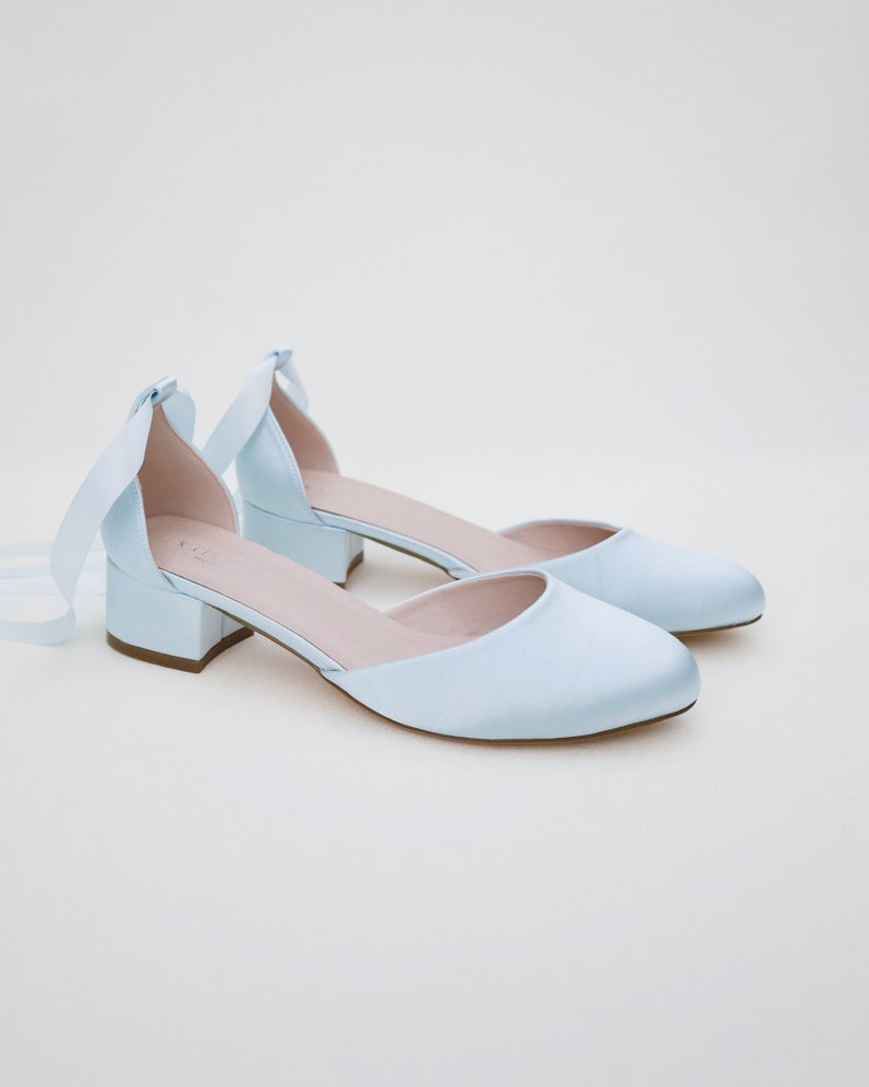 Light Blue Round Toe Satin Block Heel with Ballerina Lace Up, Women Wedding Shoes, Bridal Heels, Wedding Heels, Something Blue image 3