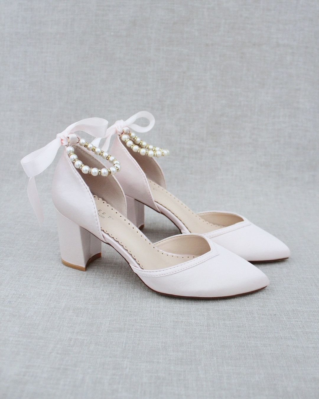 Satin Almond Toe Block Heel With Pearl Ankle Strap Women - Etsy