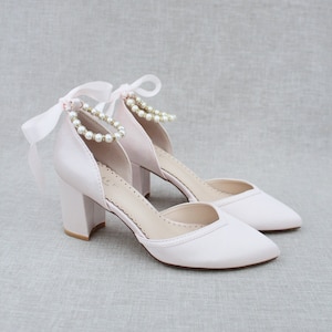 Satin Almond Toe Block Heel With Pearl Ankle Strap Women Wedding Shoes ...