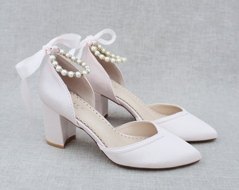 Satin Almond Toe Block Heel with Pearl Ankle Strap - Women Wedding Shoes, Bridesmaids Shoes, Bridal Shoes