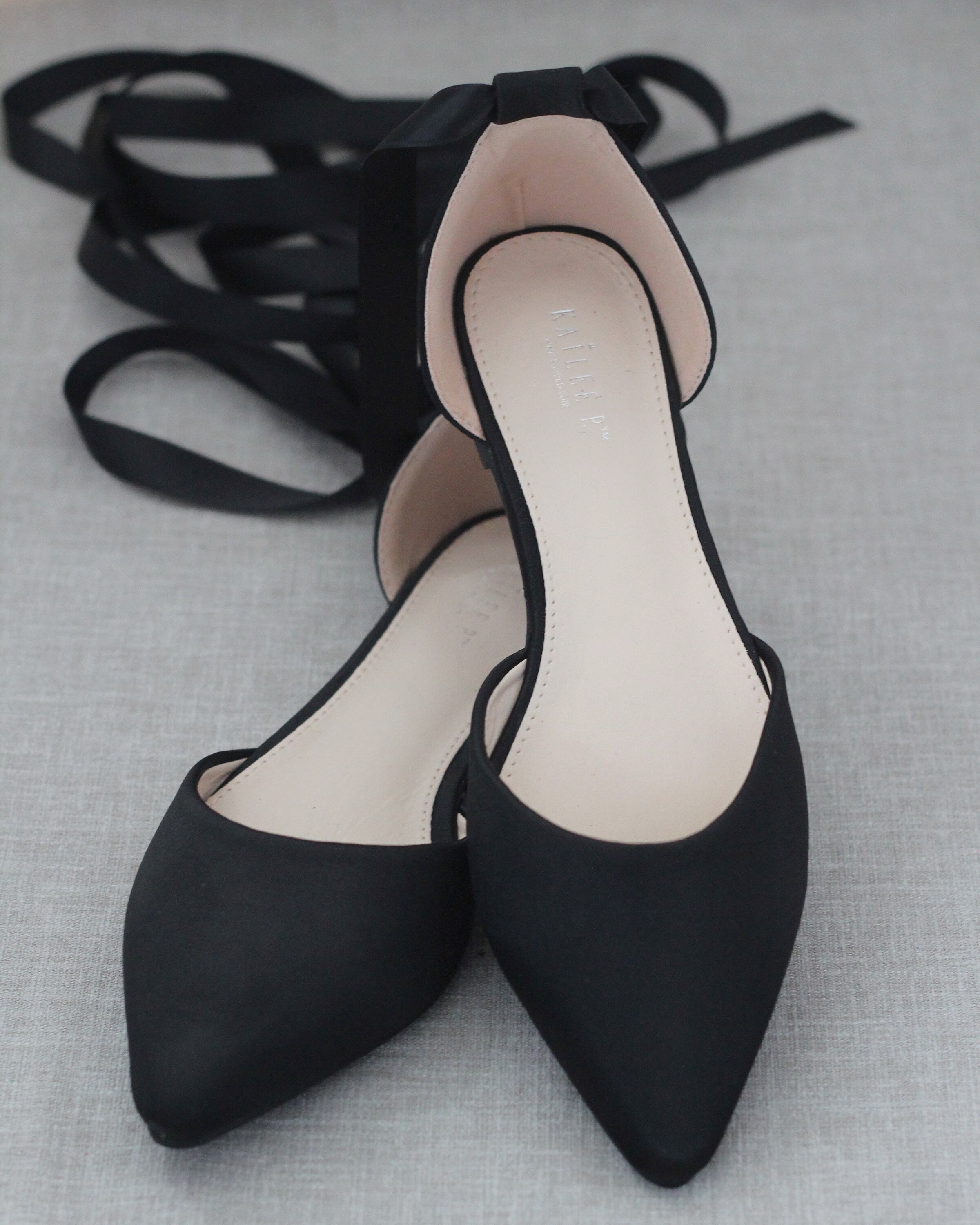 Black Satin Pointy Toe flats with ANKLE TIE Or BALLERINA Lace Up, Fall Wedding Shoes, Bridesmaid Shoes, Black Evening Flats, Holiday Shoes