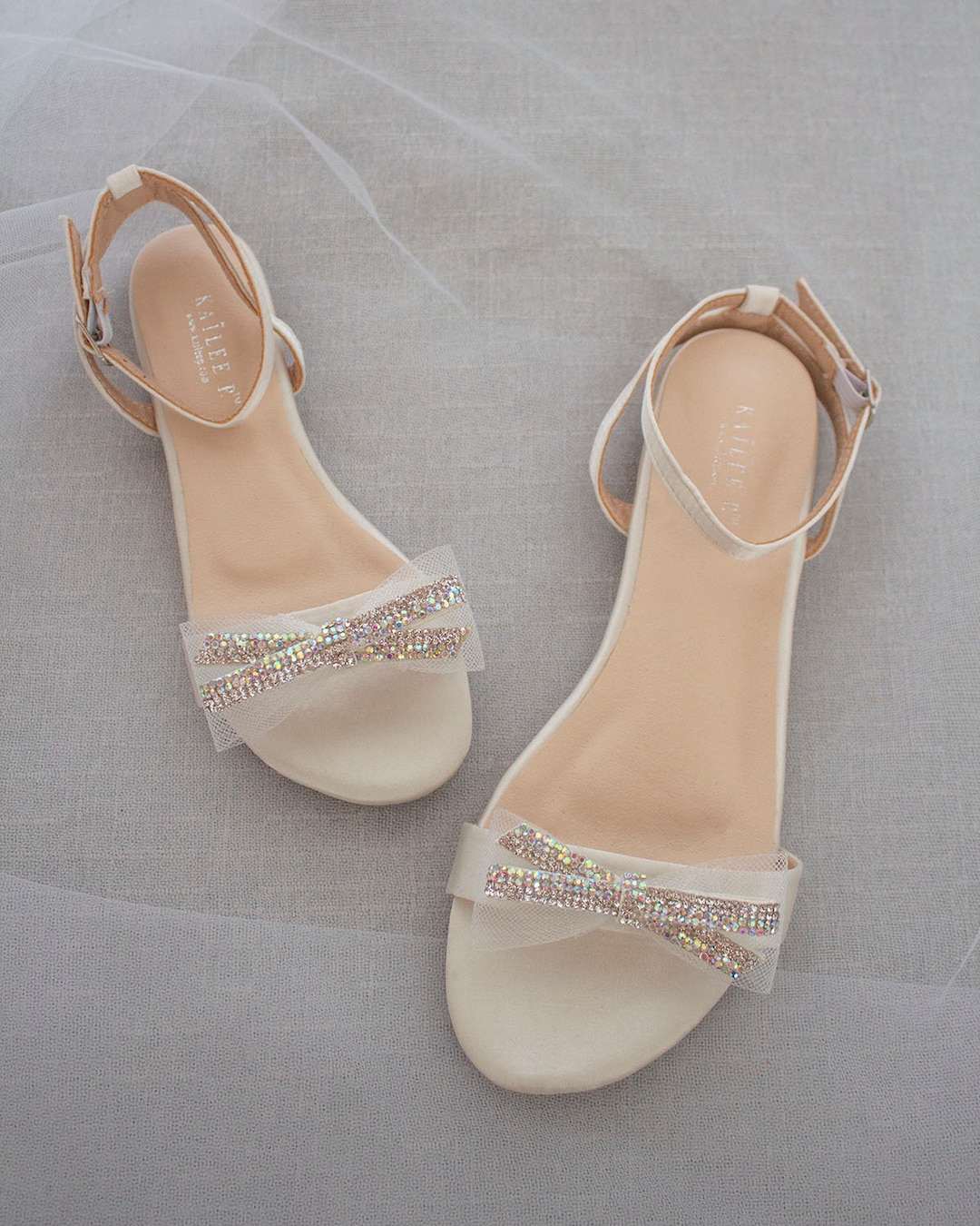 Ivory Satin Flat Sandal With Mesh Mini RHINESTONES Bow - Etsy