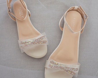 Ivory Satin Flat Sandal with Mesh Mini RHINESTONES Bow, Bridesmaid Shoes, Fall Wedding Sandals, Mommy and Me Shoes, Holiday Shoes