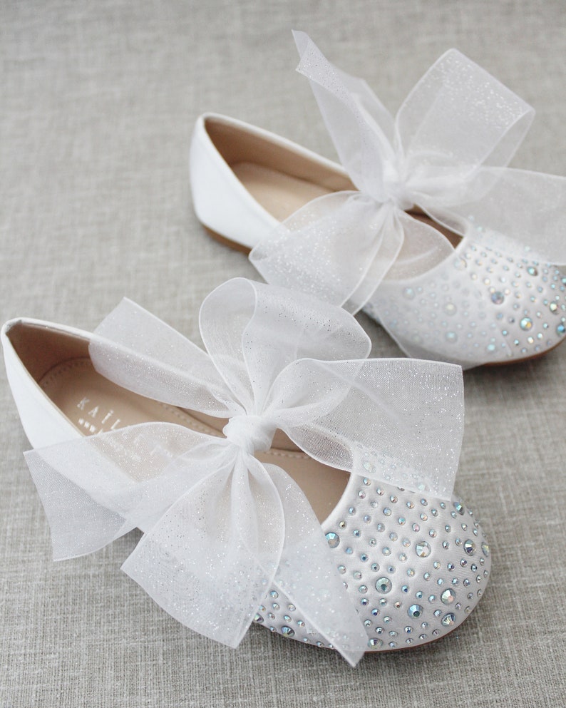 White Satin Mary Jane Flats With White CHIFFON BOW and Rhinestones- for ...